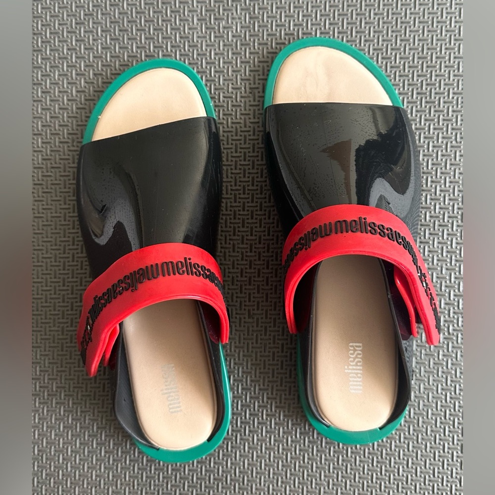 Melissa Women’s Black Patent Slide Sandals with Red Strap and Green Trim